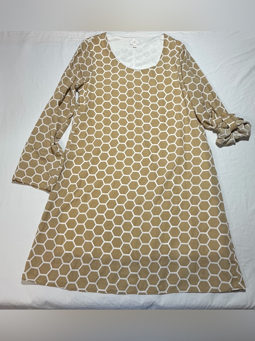 Beige Honeycomb Print Long Sleeve Dress